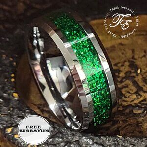 Personalized Men's Green Emerald Galaxy Tungsten Promise Ring or Wedding Ring